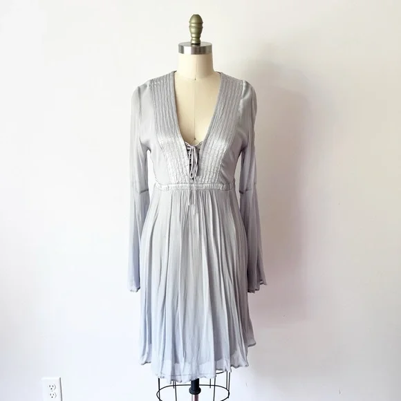 Anthropologie GHOST London Bell Sleeve Light Blue Gray Dress Button Back - Picture 2 of 9